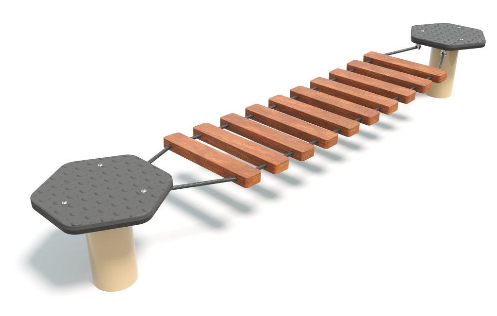 Wooden bridge playground equipment with hexagonal platforms at each end, designed for children's outdoor play and physical activity.