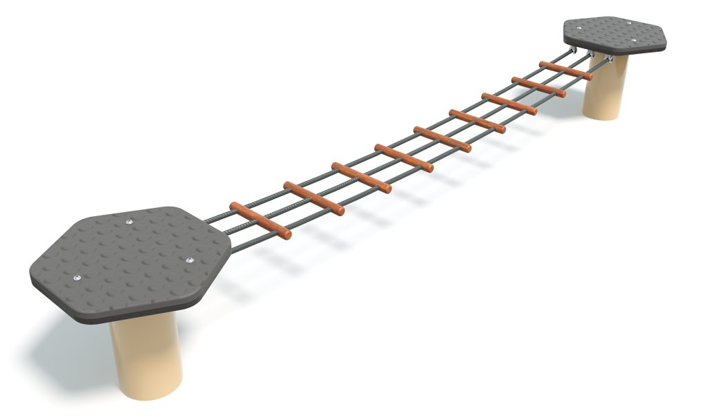 Children's playground rope bridge with hexagonal platforms and wooden steps for climbing and balancing activities.