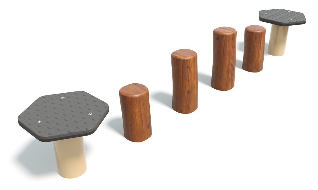 Outdoor balance and stepping stones for playgrounds or fitness areas, featuring hexagonal and round platforms with textured surfaces for safety and grip.