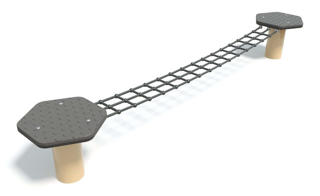 Child-friendly rope bridge playground equipment with hexagonal platforms and sturdy ropes for outdoor play areas.