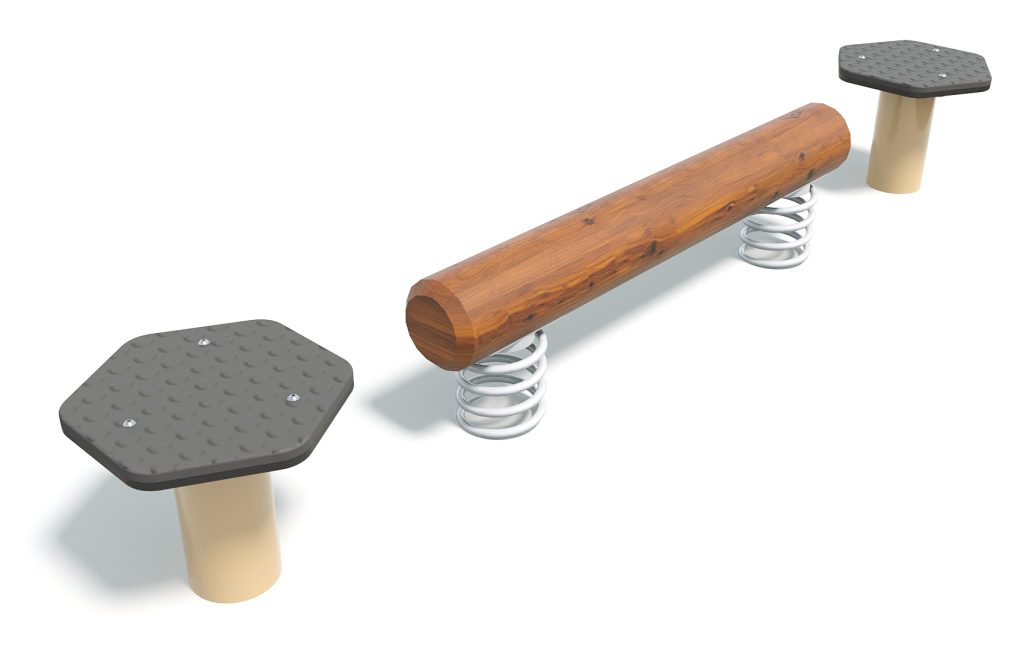 Outdoor playground equipment featuring a wobbly log balance beam with two hexagonal stepping platforms and spring supports, designed for children's play and physical activity.
