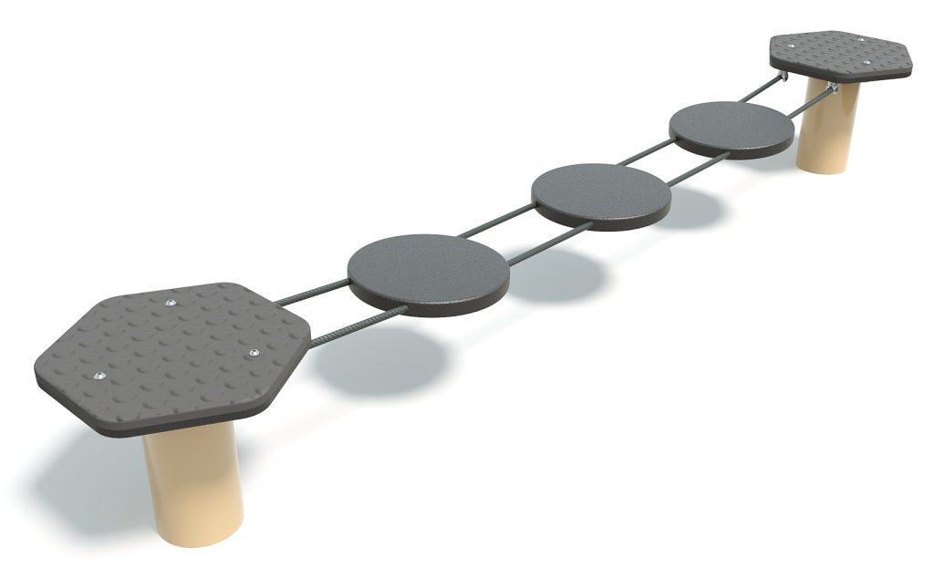 Modern playground equipment featuring a series of connected circular and hexagonal platforms for children to balance and walk across.