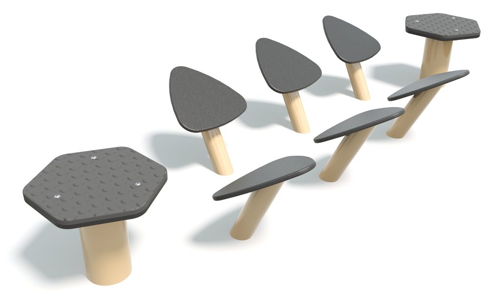 Modern outdoor playground equipment with three stepping stones and two hexagonal platforms for children to climb and balance.