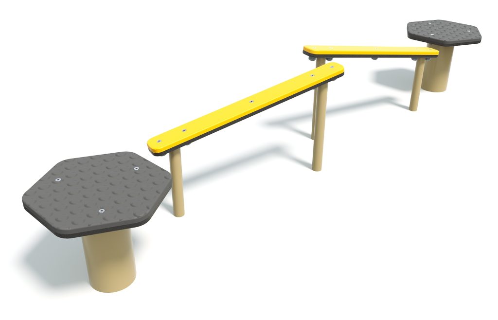 Outdoor inclined walk with yellow and gray safety surfaces for children, part of DG Play playground equipment.