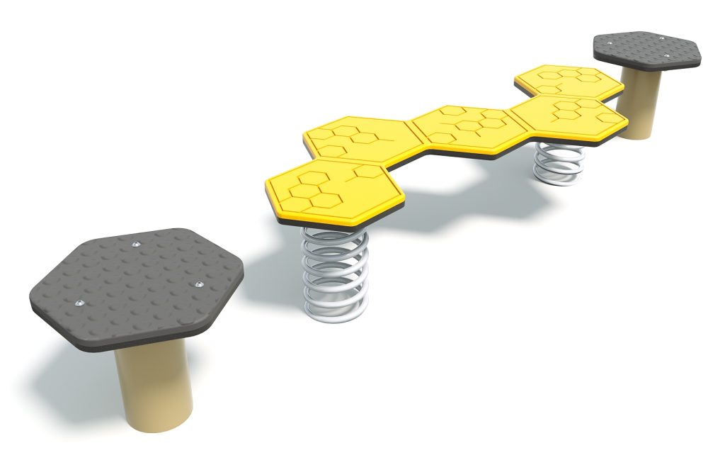 Colorful hexagonal playground balance beams with spring supports for children.
