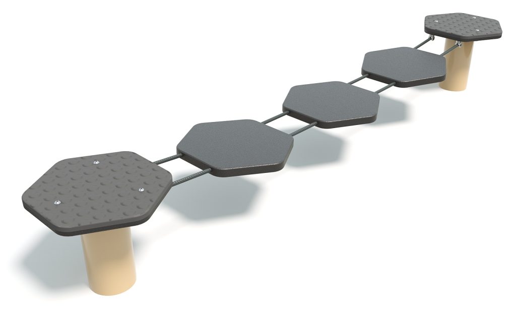Modern playground equipment with hexagon-shaped stepping stones connected by a metal bar, designed for children's outdoor play and physical activity.