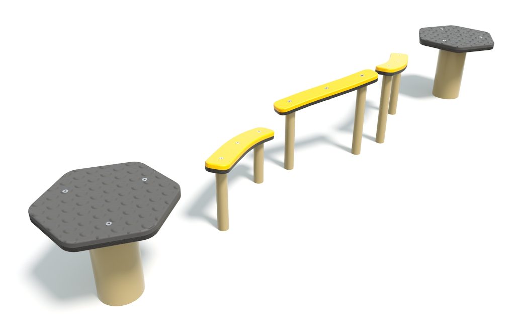 Colorful outdoor playground equipment with hexagonal and rectangular platforms and yellow benches for children.