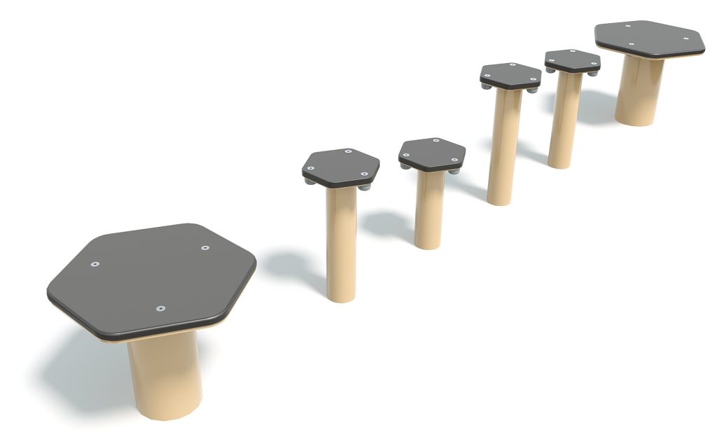 HDPE river steps playground equipment with hexagonal platforms and wooden supports for outdoor play areas.