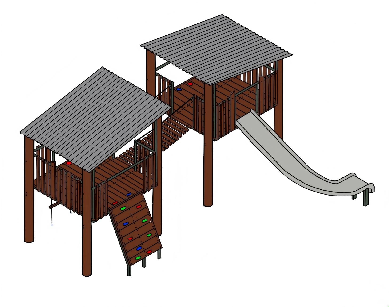 Canopy Crossing by DG Play, two roofed timber platforms linked by a bridge with a slide