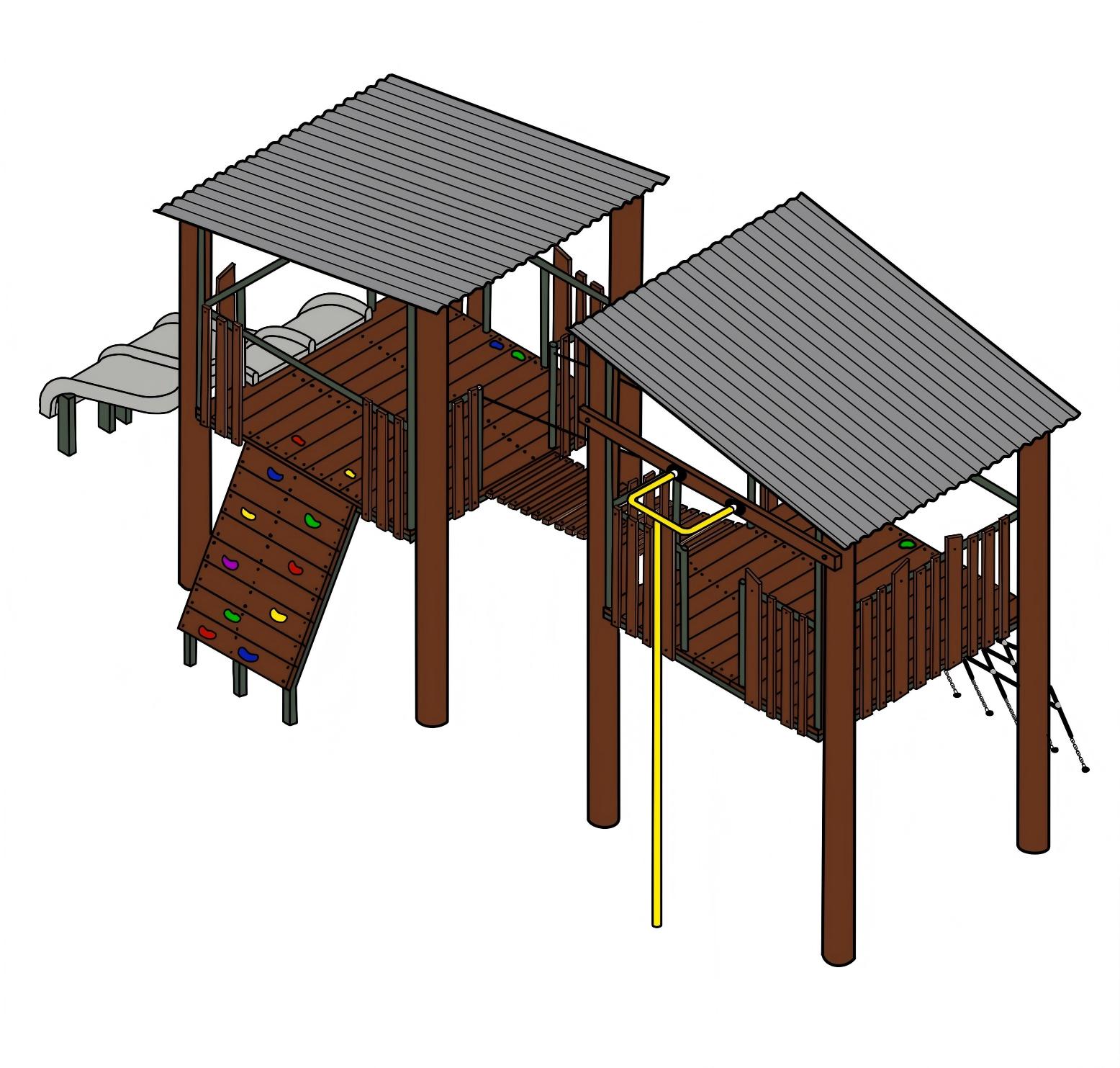 Canopy Crossing 2 by DG Play, two roofed timber platforms linked with a slide