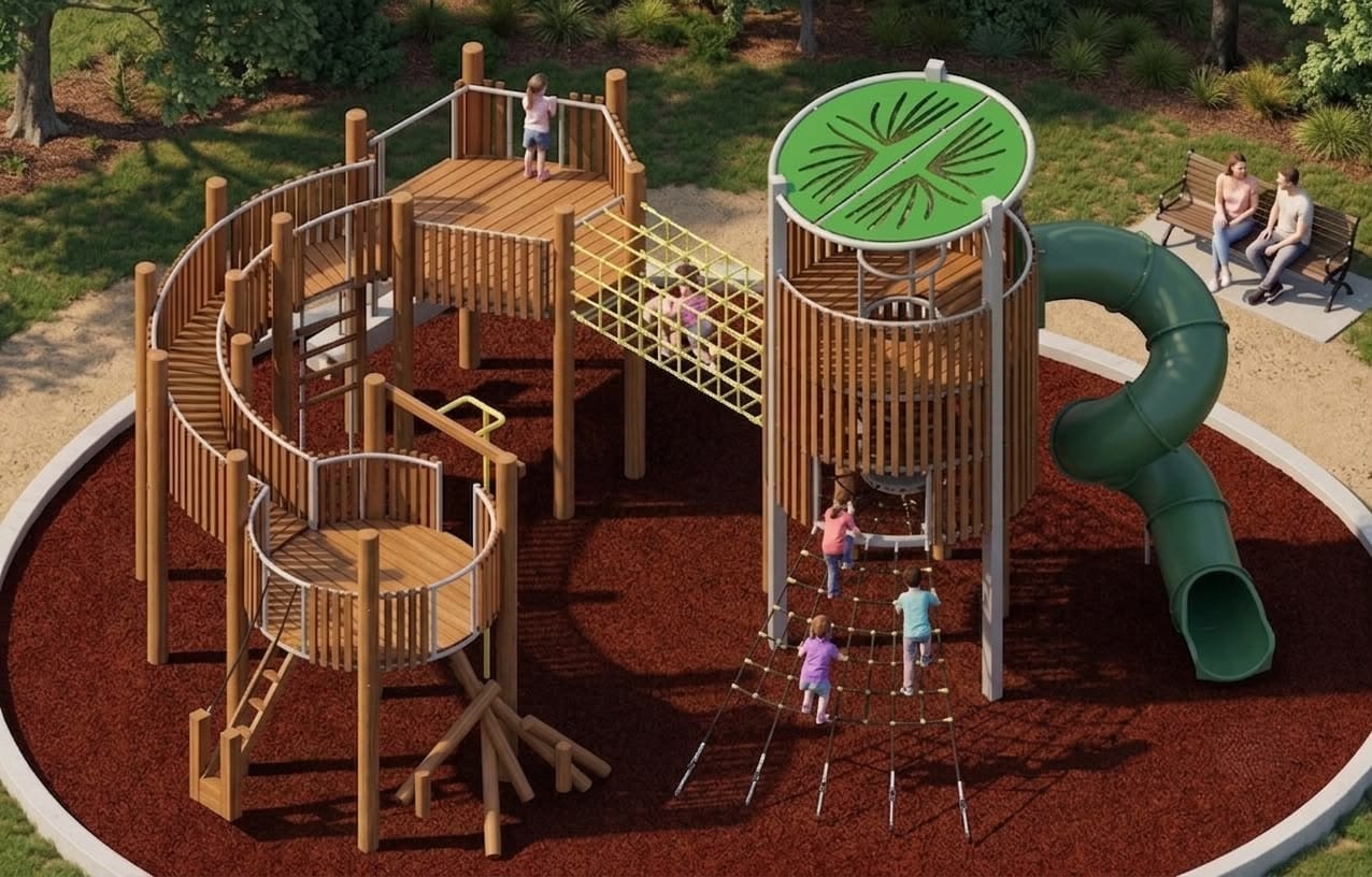 Large timber play tower render with a spiral ramp, a green funnel top and a green tube slide