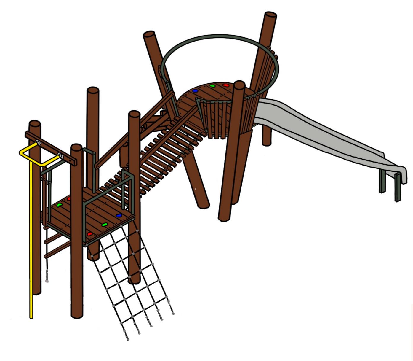 Rivergum Rise by DG Play, a multi level timber play tower with slides and climbing nets