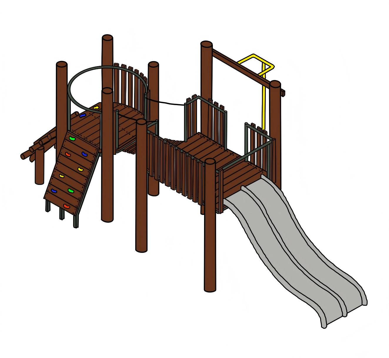 Slide and Seek by DG Play, a timber play tower with a slide, climbing wall and monkey bars