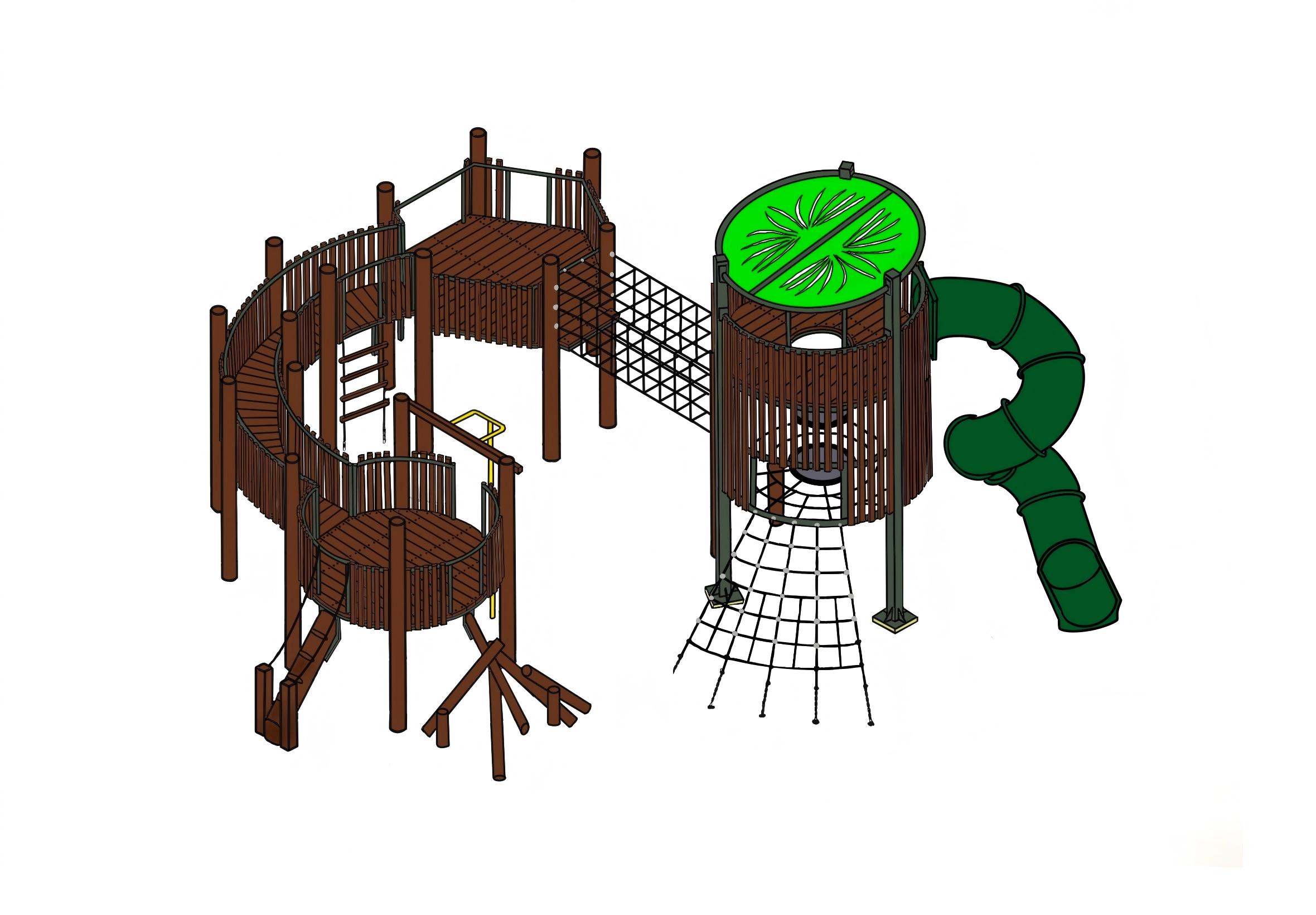 Trailblazer Tower by DG Play, a multi tower timber unit with a green spiral slide