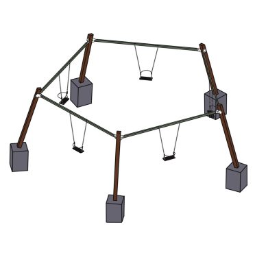 Image of a modern outdoor playground featuring a swing set with multiple swings made of wood, metal, and concrete bases for stability, perfect for children's outdoor activities.