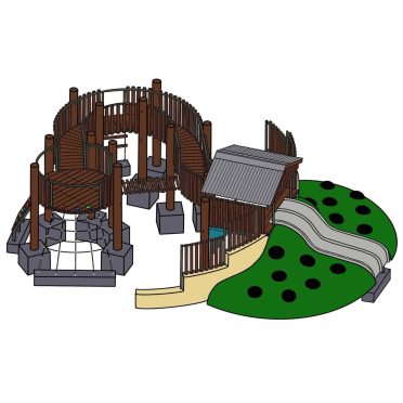 Image features a large, multi-level wooden playground with slides, climbing ropes, and scenic design elements. Perfect for kids' outdoor play areas, parks, and recreational spaces.