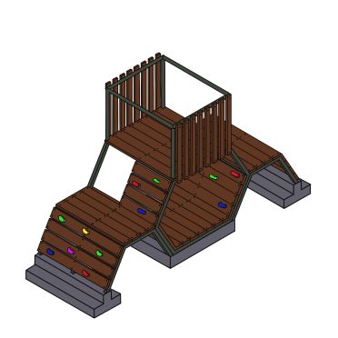 Small wooden climbing structure for kids with colorful handholds, featuring a platform and slide, designed for outdoor play and active fun.