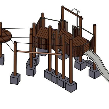 Large wooden playground fort with slides, climbing areas, and activity zones for kids' outdoor play and adventure.
