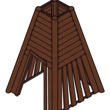 Illustration of a wooden bush shelter with a conical roof and open sides, ideal for outdoor survival or camping scenarios.