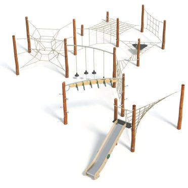 Colorful outdoor playground equipment with climbing nets, bridge, slide, and swings for kids' active play and adventure. Designed for safety, fun, and outdoor recreation.