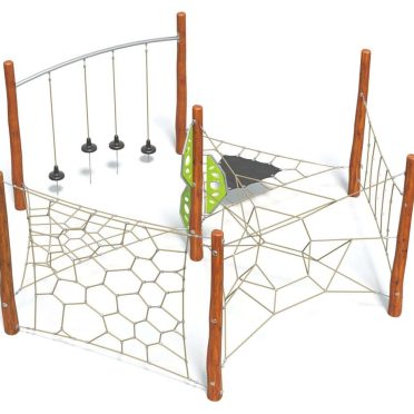 Bright outdoor playground equipment with climbing nets and swings, suitable for kids' recreational and physical activity. Durable construction with wooden posts and safety features for children’s outdoor play.