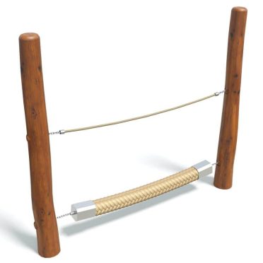 Wooden playground climbing frame with rope and bar for kids outdoor activity equipment.