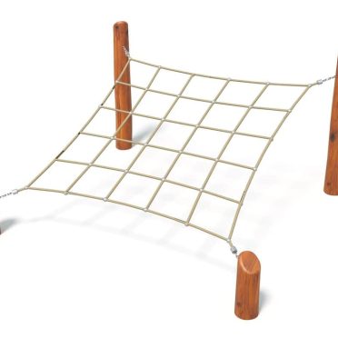 Modern playground climbing frame with wooden posts and rope ladder for children's outdoor play and physical activity. Durable and safe for kids' use.