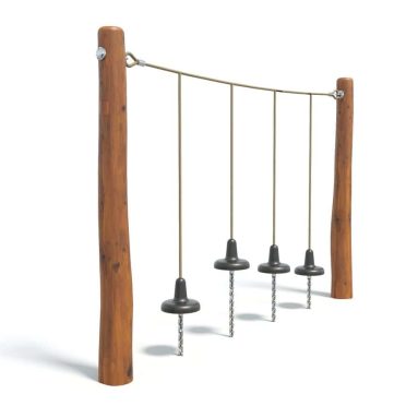 Climbing and playground equipment with wooden posts and hanging black rubber discs for children’s outdoor play and physical activity.