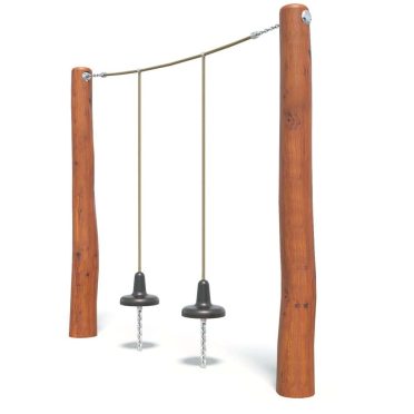 Wooden swing set with two seats, suitable for outdoor playgrounds and recreational areas, designed for children’s fun and physical activity. Durable timber frame and secure ropes.