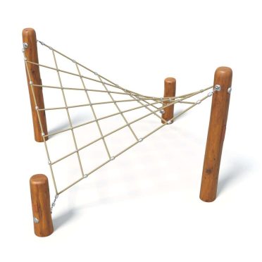 Playground climbing net with sturdy wooden posts and durable rope for children's outdoor activities, promoting physical activity and adventure.