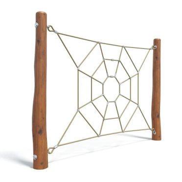 Natural wooden playground climbing web with sturdy rope structure, ideal for outdoor kid's play area, promoting agility, teamwork, and physical activity. Durable and safe design for children’s entertainment.
