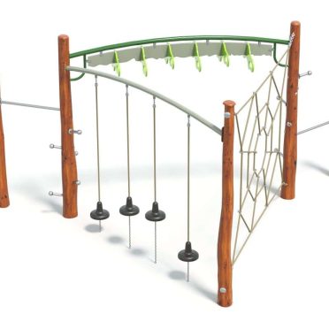 Colorful outdoor jungle gym with ropes, swings, and climbing features for kids play and exercise, ideal for playgrounds, schools, and backyard fun. Durable wood posts and vibrant green accents enhance safety and aesthetics.