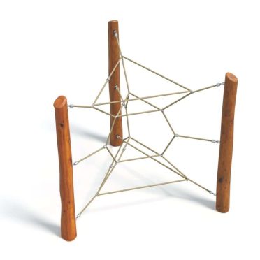 Natural wood playground climbing spider web for kids, durable and safe play equipment for outdoor family fun and physical activity.