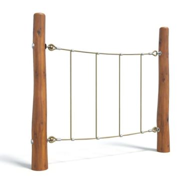 Rope climbing obstacle on wooden posts for playgrounds and outdoor fitness equipment, durable natural wood and cable design.