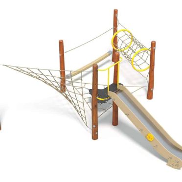 Bright wooden playground climbing structure with slide, rope bridge, and tunnel for children's outdoor active play and development.