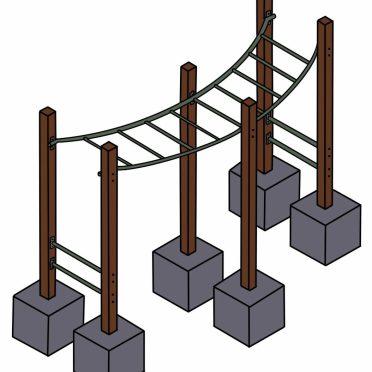Climbing play structure with wooden posts, metal rungs, and concrete bases, ideal for outdoor playgrounds and children's recreational areas. Suitable for outdoor active play and development.