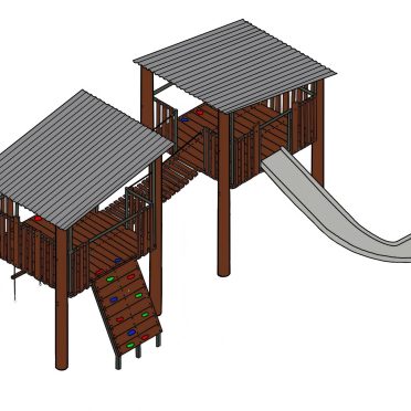 Canopy Crossing by DG Play, two roofed timber platforms linked by a bridge with a slide