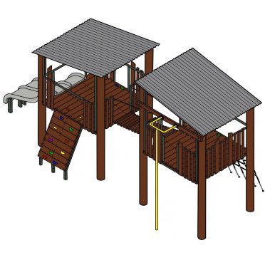 Canopy Crossing 2 by DG Play, two roofed timber platforms linked with a slide