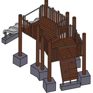 Wooden Cliff Hanger Fort playground with climbing wall and slide, ideal for kids' outdoor adventure and play.