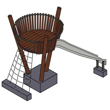 Colorful wooden treehouse with slide, climbing net, and sturdy support posts designed for children's outdoor play and adventure activities.