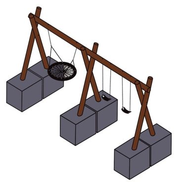 Traditional wooden playground swing set with multiple swings, including a web swing and standard seats, anchored on large concrete blocks for stability.