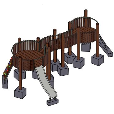 Colorful climbing wall and multiple slides on a wooden play tower for children's outdoor fun and play area.