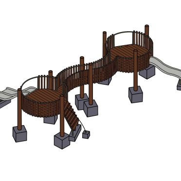 Colorful wooden playground structure with slides and stairs for children to play and climb.