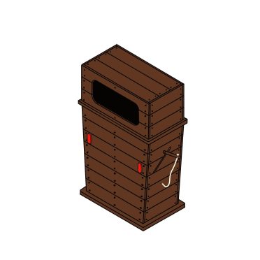A wooden fuel bowser storage unit with a black window and red safety features, designed for secure fuel storage and dispensing.