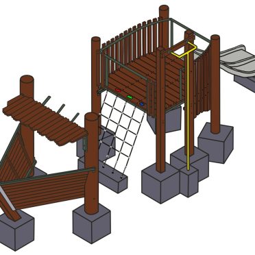 Natural wood playground with climbing ropes, slides, and play structures for outdoor kids' recreation, featuring durable timber and safety features.