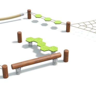 Large balance circuit with green stepping tops, rope nets and beams