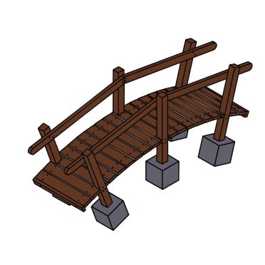 Illustration of a wooden footbridge with curved design, supported by concrete blocks, suitable for gardens or parks.
