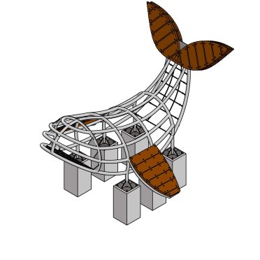 3D model of a whale-shaped playground with a metal frame and wooden fins, designed for children's play areas.