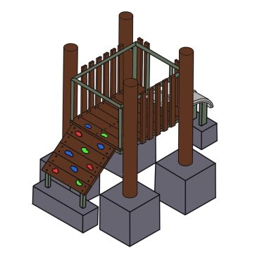 Climbing playground with wooden ramp, rock climbing holds, and safety railings, suitable for children’s outdoor play areas. Durable design by DG Play for safe recreation.