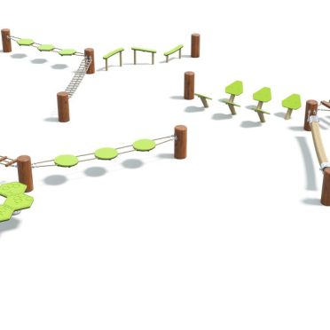 Flurry by DG Play, a balance circuit with green stepping tops and beams for schools and parks